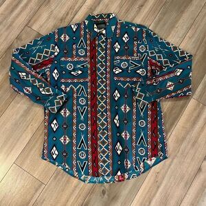 Vintage‎ Rough Riders Blue Pattern Western Buttonup Men Large Bin J-9